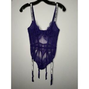 Victoria's Secret 32C/34B GARTER Teddy Bodysuit Neon PURPLE SHINE STRAP‎ lace